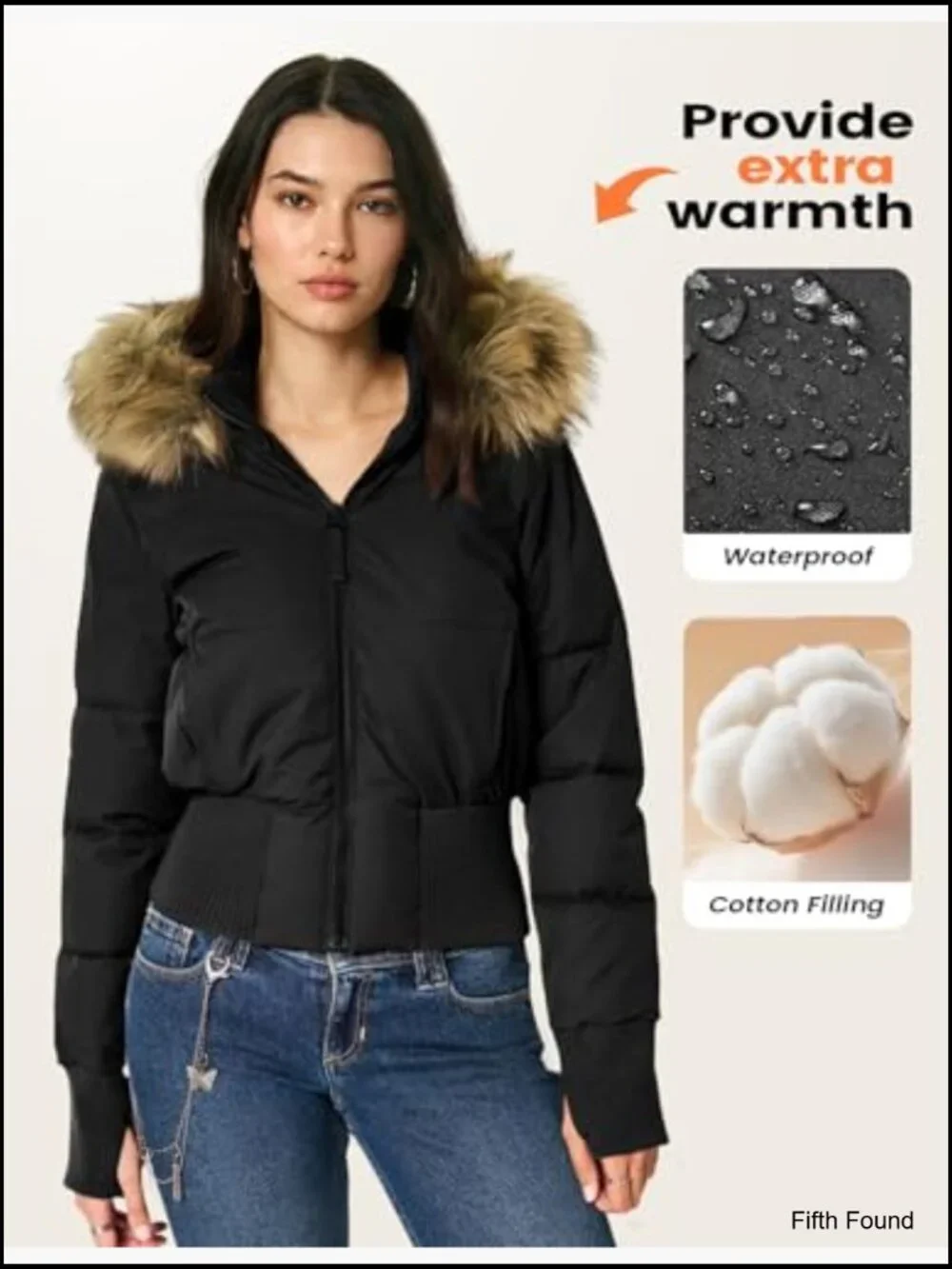 Cropped Puffer Jacket Winter Quilted Faux Fur Hood Bomber Coat - Picture 6 of 7